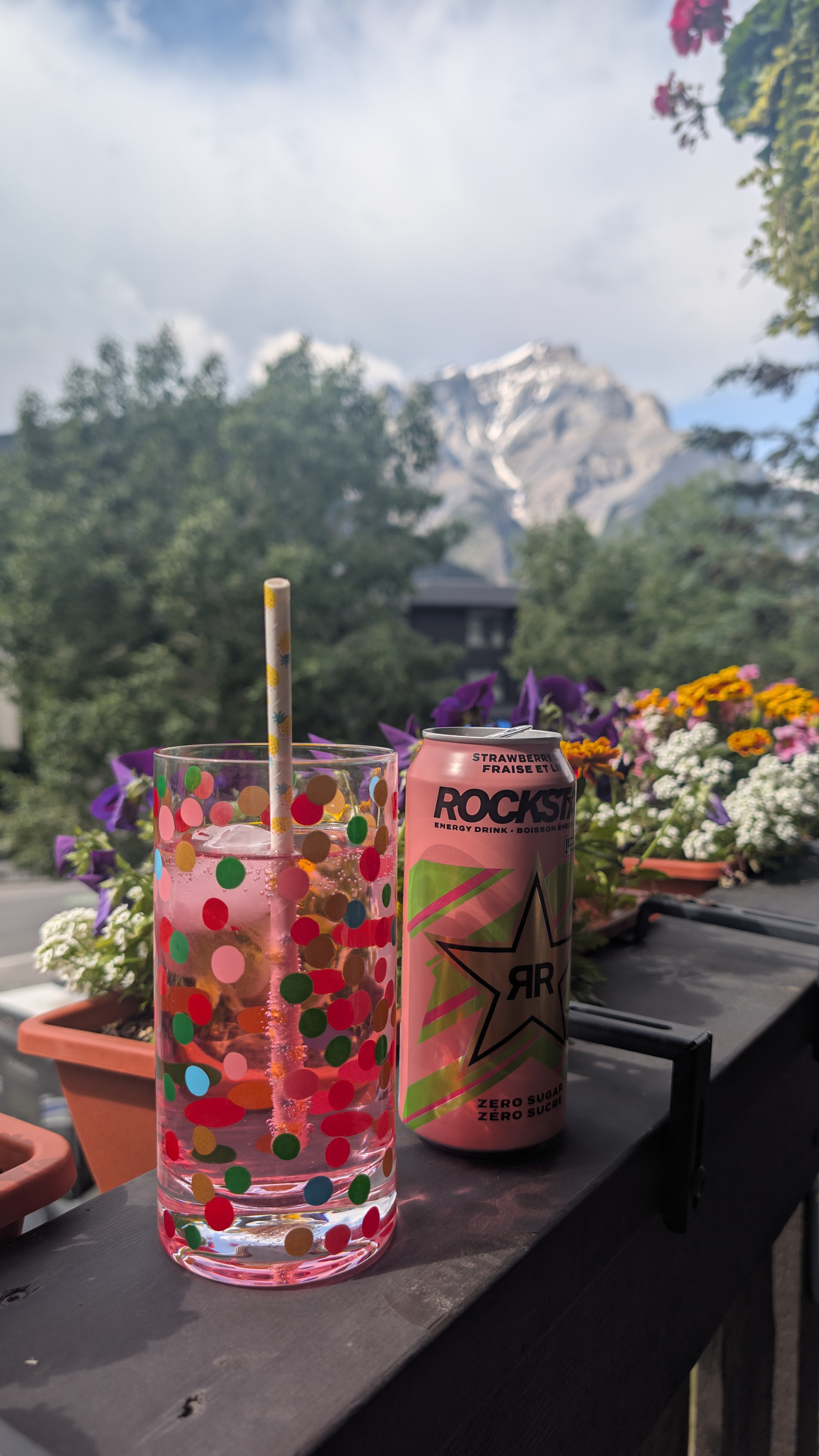 A tall red drink on a patio railing with evergreens and the Alberta Rockies behind it